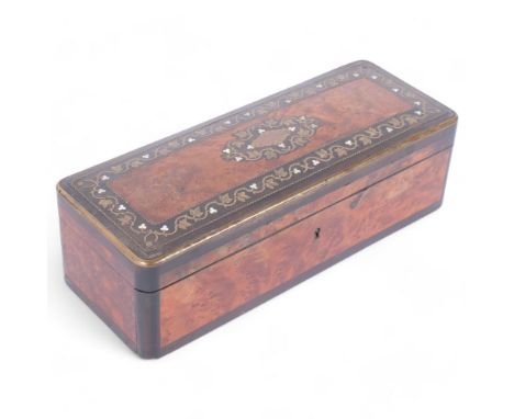 A 19th century French burr-walnut glove box, brass and mother-of-pearl inlaid decoration, together with a pair of kid gloves,