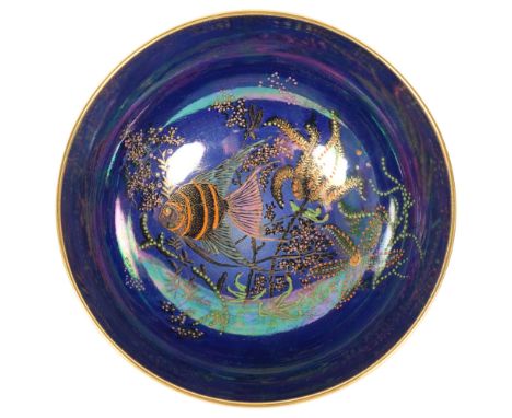 A Crown Devon Fieldings lustre ware bowl, blue ground decorated with fish, starfish, etc, diameter 20cm 