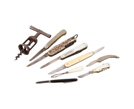 A collection of various Vintage penknives, including mother-of-pearl handled, and a Vintage steel corkscrew 
