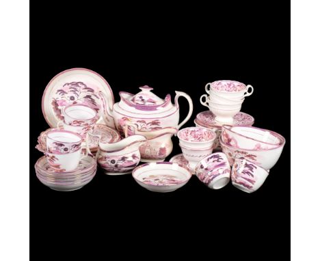 A Victorian Sunderland lustre tea set with bird and landscape decoration, including teapot, and other Sunderland lustre teawa