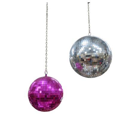 A silver disco glitter ball, 23cm, and a small pink disco glitter ball 