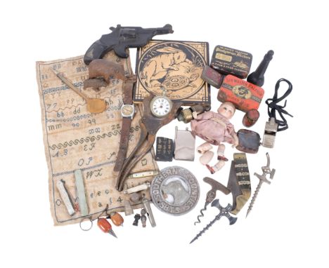 A group of various items, including a Victorian Aesops Fable tile, the hare and the tortoise, Black Forest carved bear, Vinta