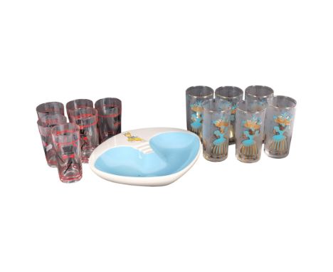 A set of 6 glasses with top hat and cane design, 6 Vintage tumblers with printed and gilded ladies and seahorses, 13.5cm, and