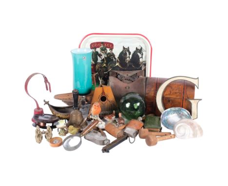 Box of interesting items, including a trench saw, musical instrument, small boat hull, a walnut tea caddy with banded decorat