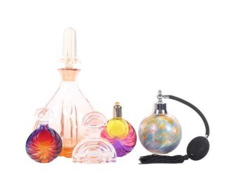 An Art Deco pink glass scent bottle and stopper, H22.5cm, and 4 other Vintage scent bottles 