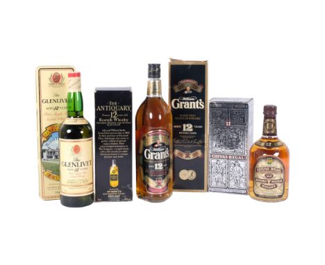 4 boxed bottles of Whisky, including The Glenlivet aged 12 years, The Antiquary Finest 12 Year Old Scotch Whisky, William Gra