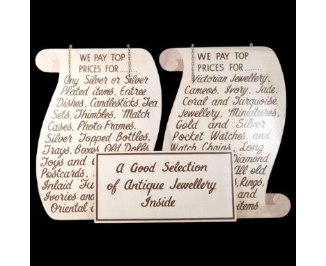A group of 3 Vintage wooden Antique Shop signs, including 2 scroll design signs, listing the various items that prices are pa