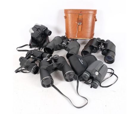 A quantity of Vintage binoculars, including a pair of Zenith 7x50 field binoculars, Pentax 7x35 field binoculars, Chimon 10x5
