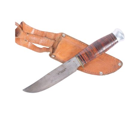 A Scandinavian hunting knife and leather scabbard, blade length 11cm which is marked Schneidteufel, Solingen 