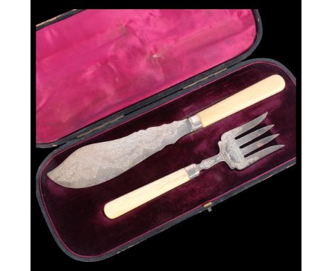 A Victorian engraved silver-bladed pair of fish servers, in fitted case, hallmarks for London 1891 