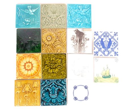 2 blue Victorian tiles with kingfisher design, 15cm, a Minton tile depicting 2 crows, and 11 other Victorian tiles of various