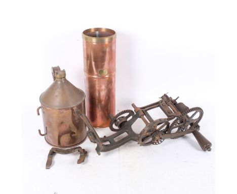 A Vintage knife sharpener, a Casella London Vintage copper rain gauge, and a Vintage copper oil can, possibly British Rail, i