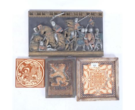 A painted plaster 3-D panel depicting Henry III and Henry De Montfort, L40cm, a Minton's tile depicting Harold being struck i