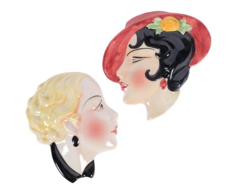 2 Vintage Art Deco style ceramic wall masks, tallest 16.5cm 