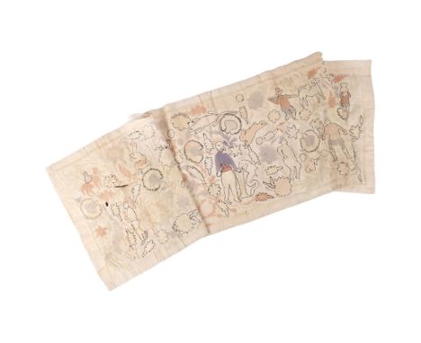 A Vintage silk embroidered panel, depicting various figures and animals, 165cm x 47cm 