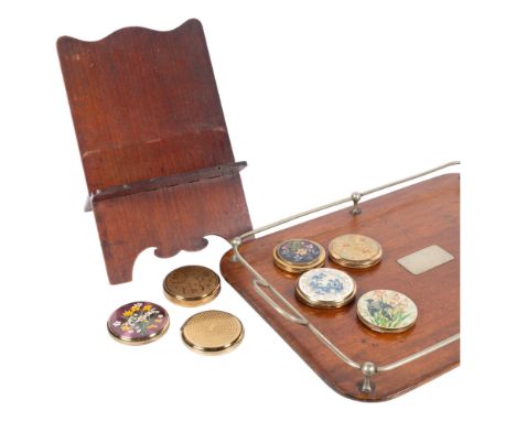 Antique oak galleried tea tray, L49cm, a stained wood book rest, and a group of 7 Vintage compacts 
