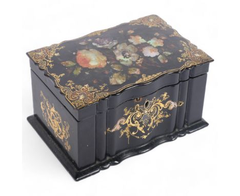 A Victorian&nbsp;papier mache tea caddy, with 2 fitted inner lids, scrolled gilded and mother-of-pearl decoration, W19cm Sect