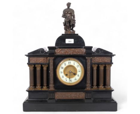An architectural design black slate-cased mantel clock, with Corinthian columns surmounted by a figure, H53cm 