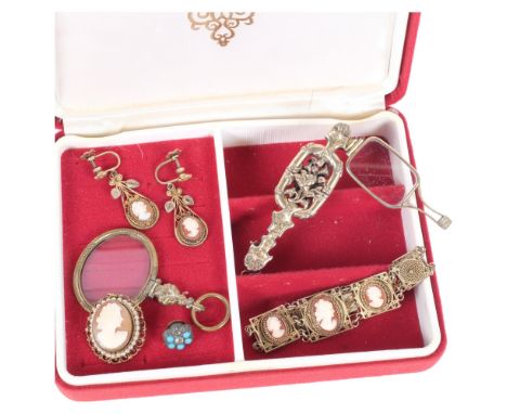 A group of Vintage gilt-metal jewellery, including a relief carved cameo, a relief carved cameo panel bracelet, a pair of lor