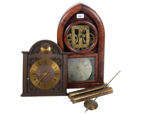 An American lancet-top mantel clock, 46cm, and a modern wall clock 