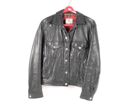A Vintage Levi's black leather jacket, tartan interior, made in Italy 