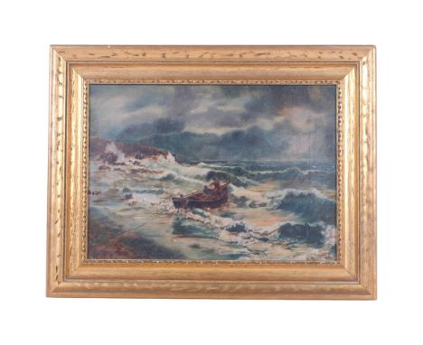 M. Rheim, an oil on canvas, fishing boat off coast in rough seas, unsigned, in giltwood frame, overall 35cm x 45cm 