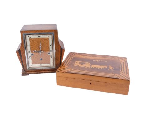 An Art Deco oak 3-train Enfield mantel clock, H26cm, and a marquetry work Madeira workbox with fitted interior 