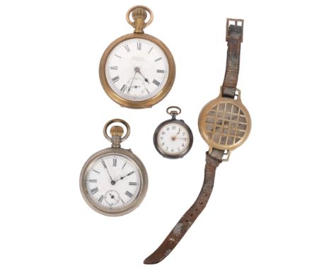 "America", a brass-cased pocket watch, a silver plated top-wind pocket watch, a gun-metal fob watch, and a silver plated wris