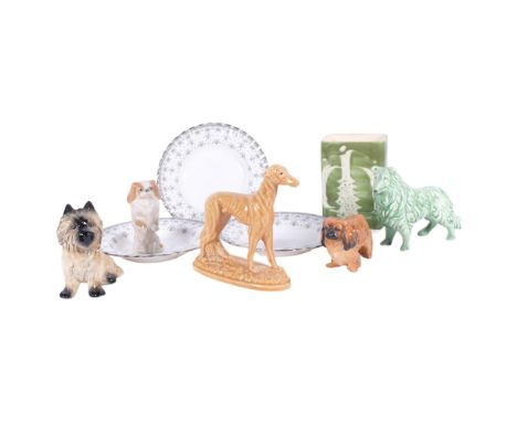 2 Sylvac dogs, a Royal Copenhagen begging Pekingese, 11.1cm, a Doulton Peke, Spode plates, vase, etc 