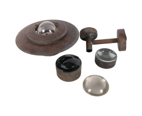 A Vintage copper lantern, 30cm, and 3 magnifying lenses, 11cm 