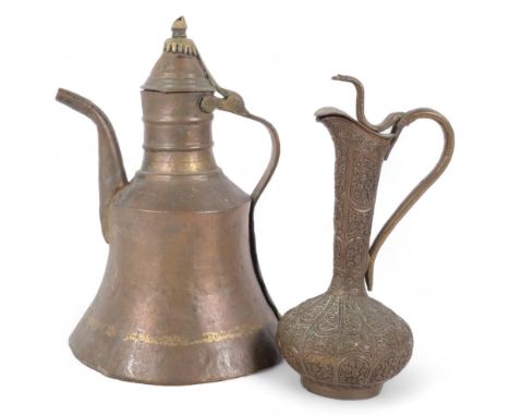 A large Vintage Middle Eastern style copper ewer, H34cm, and a second brass ewer with intricate embossed decoration, and orna
