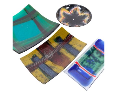 A large green Studio glass square curved centrepiece bowl with abstract ribbed decoration, 39cm square, unsigned, and a 2 oth