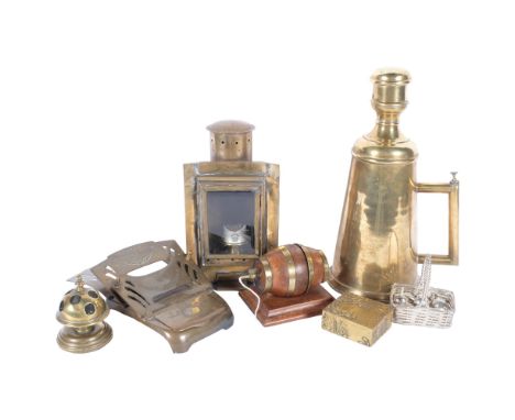 A brass compass binnacle oil lamp with original burner, H21.5cm, a brass desk stand, a brass-mounted oak barrel string holder