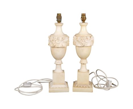 A pair of Vintage carved alabaster table lamps, with grapevine friezes, height overall 47cm 