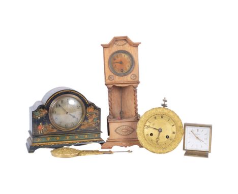 A miniature longcase clock with barley twist columns, 30cm, a mantel clock of Oriental design, and 2 others 