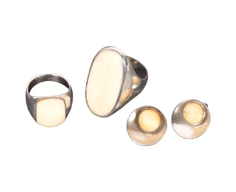 N E FROM - 3 pieces of silver and marine ivory jewellery, including 2 rings and a pair of earrings 