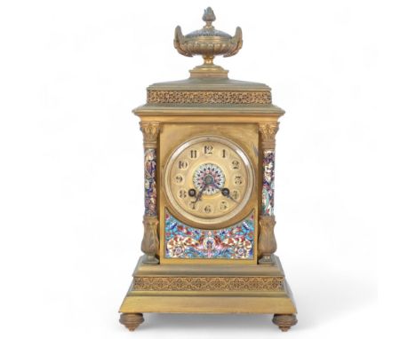 Ornate Continental brass 2-train mantel clock, with enamelled panels and columns, H34cm 