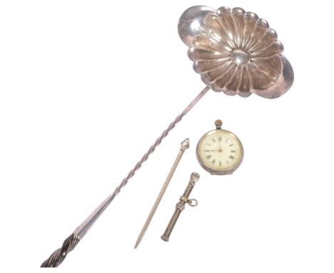 A Continental white metal toddy ladle, with horn handle, L38cm, a small engraved silver-cased fob watch, and propelling penci