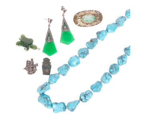 A group of jewellery, including a Chinese jade and silver-gilt bombe brooch, a silver-mounted turquoise necklace, a pair of s
