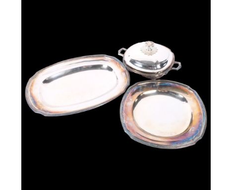 CHRISTOFFEL - 2 silver plated serving dishes with cast edge, and a silver plated 2-handled entree dish and cover 