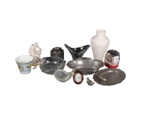 Glass shell, bowl and vase, plated tea caddy, pewter dish, etc 