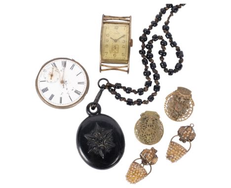 An Antique jet beadwork chain and pendant, a pair of gilt-metal clip-on earrings, a pair of delicate gilt-metal and seed pear