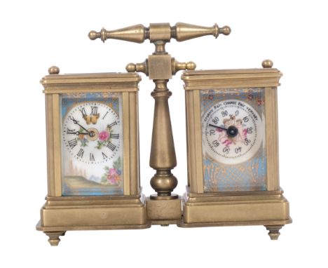A reproduction combination brass-cased desk clock and thermometer, floral enamel decorated panels, height including handle, 1