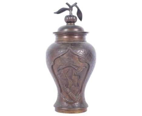 A Chinese bronze baluster vase and cover, with engraved embossed and raised decoration, with seal character mark to the base,