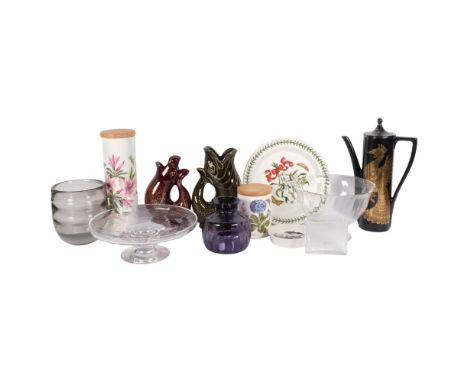 A group of various Art glass, including a Dartington amethyst vase, a Dartington slab vase, a Dartington fruit bowl, 2 gurgle