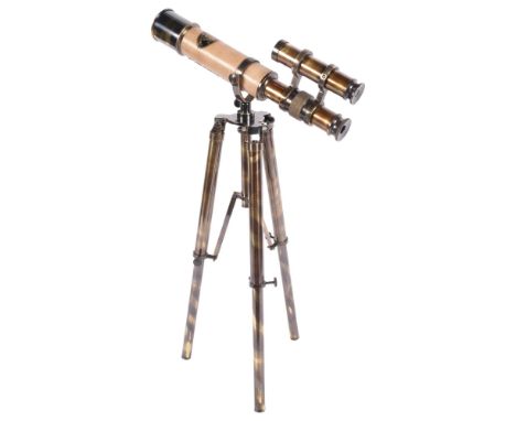 A brass and leather reproduction telescopic binocular, on tripod stand 