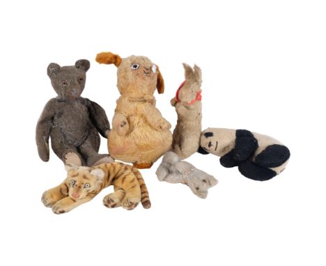 Antique grey straw-filled teddy bear, 36cm, and 5 other Vintage soft toy animals 