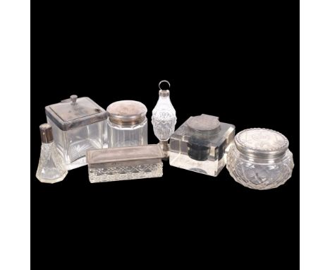 2 glass and silver-topped dressing table jars, a silver-topped preserve bottle, a silver-topped inkwell, etc 