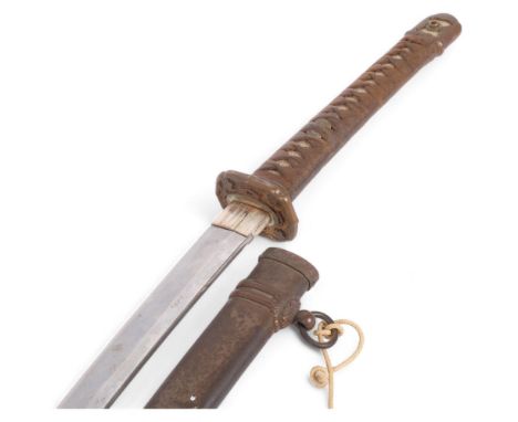 A Japanese Shin Gunto Katana, and scabbard, having a 66cm plain chamfered steel blade, prunus decorated tsuba and braided han