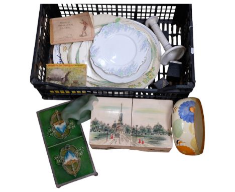 An Art Nouveau tile set tray (A/F), a jewellery box, meat plates, etc 